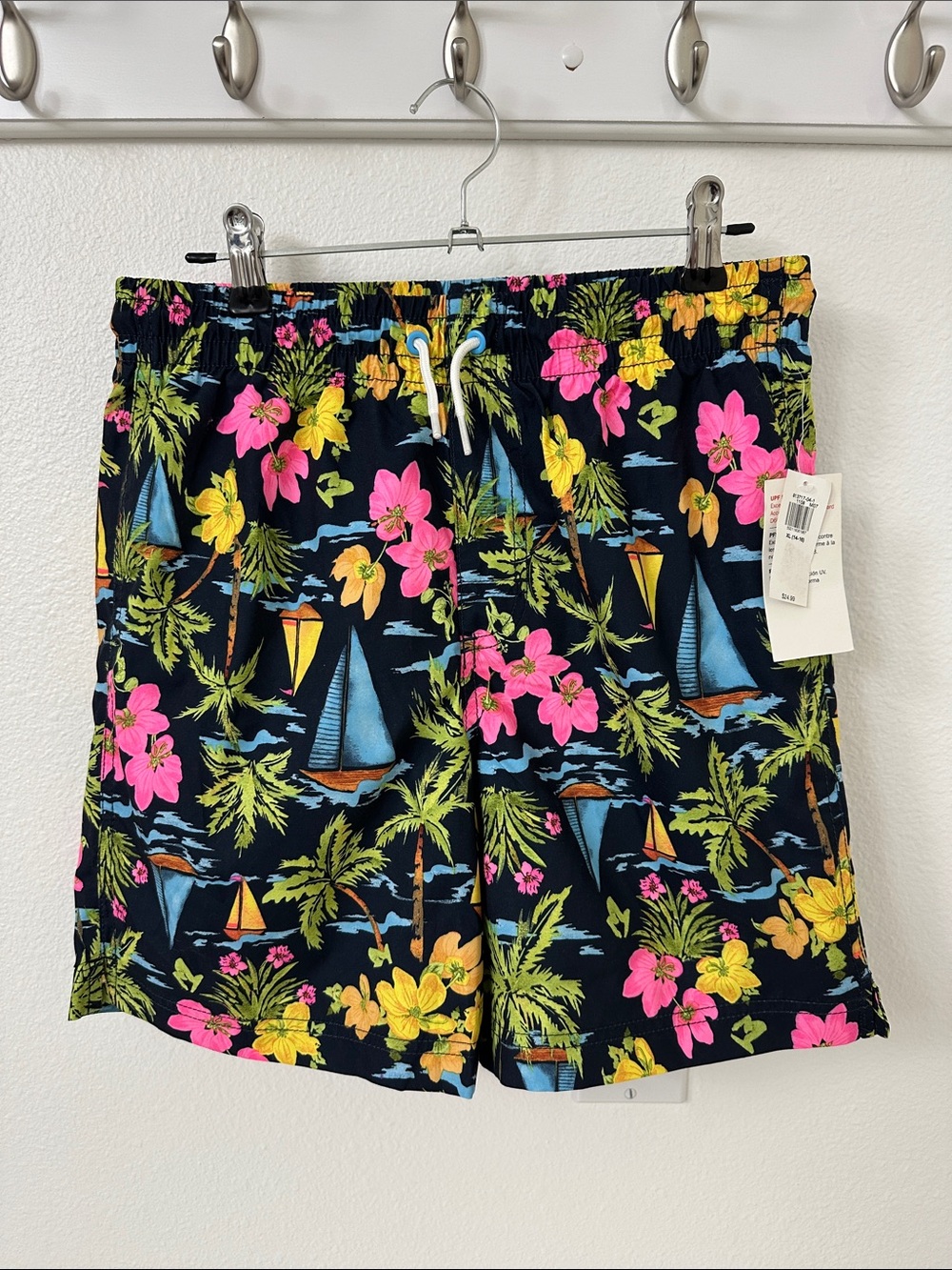 Old Navy XL 14/16 Navy Tropical Trees Boats Swim Trunks Pink & Yellow Hawaiian